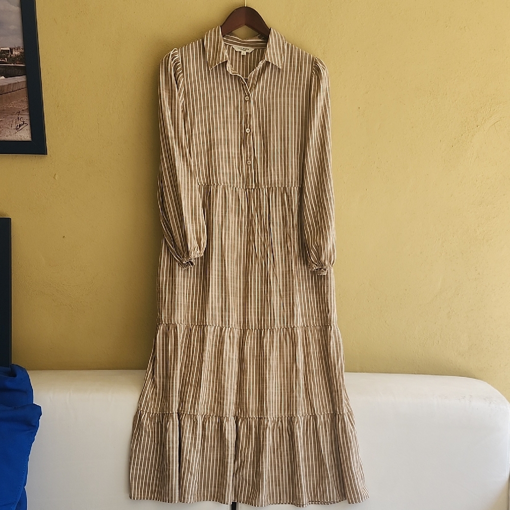 Max Studio Bohemian Beige Striped Long Sleeve Dress - Picture 3 of 16